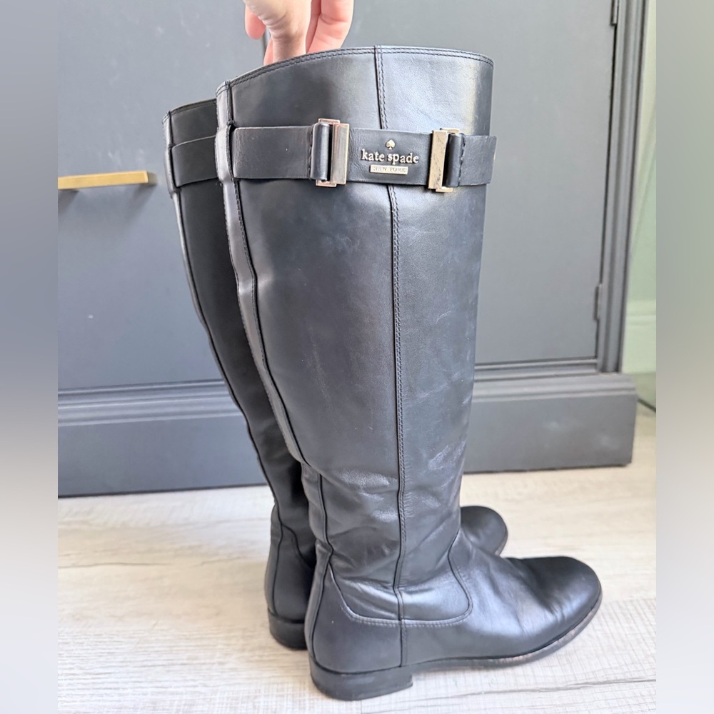 Kate Spade New York Black Leather Riding Boots Tall Zip Buckle Boots - Picture 9 of 14
